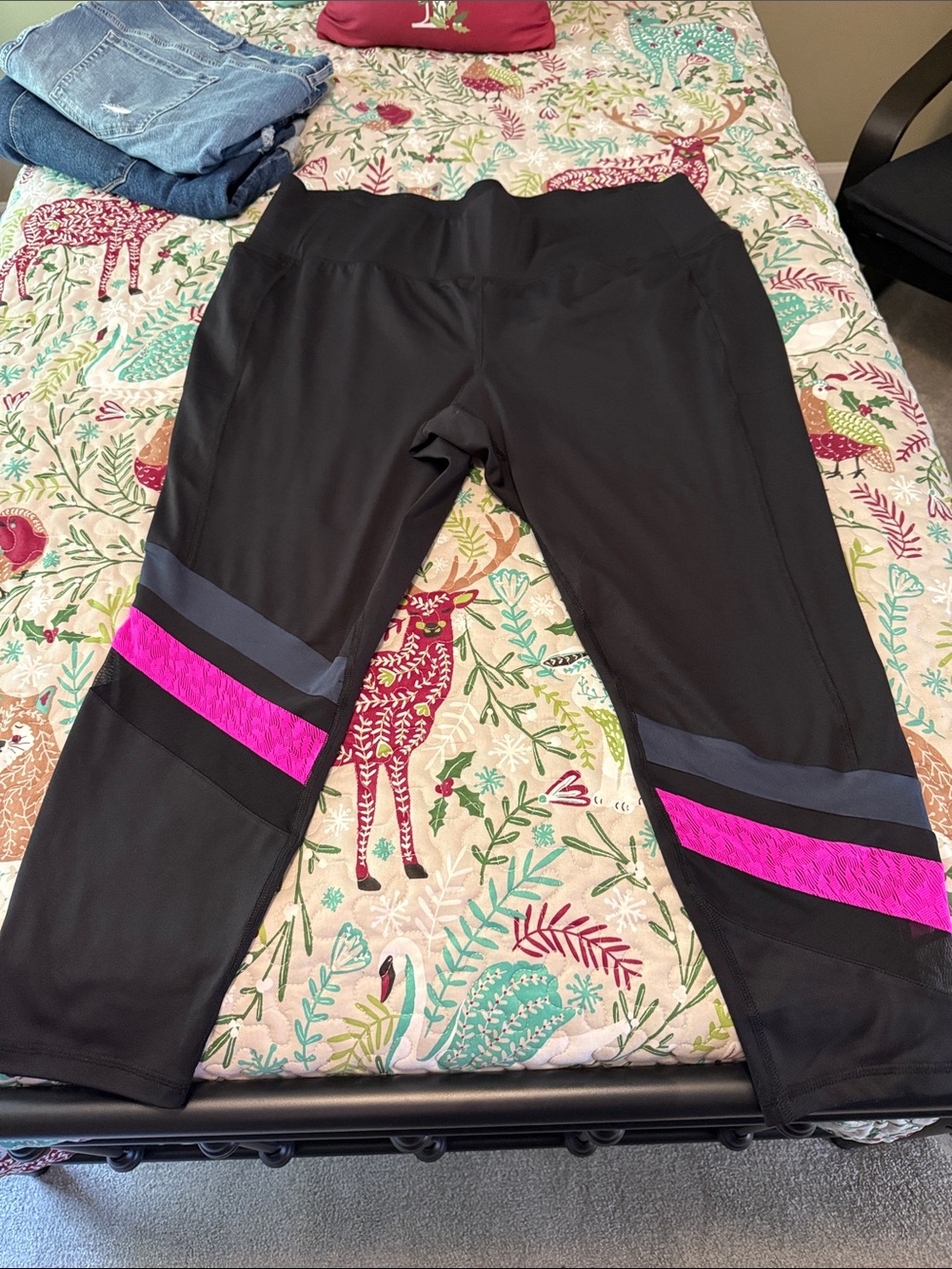 Women’s Black Active Leggings with Pink & Gray Stripes